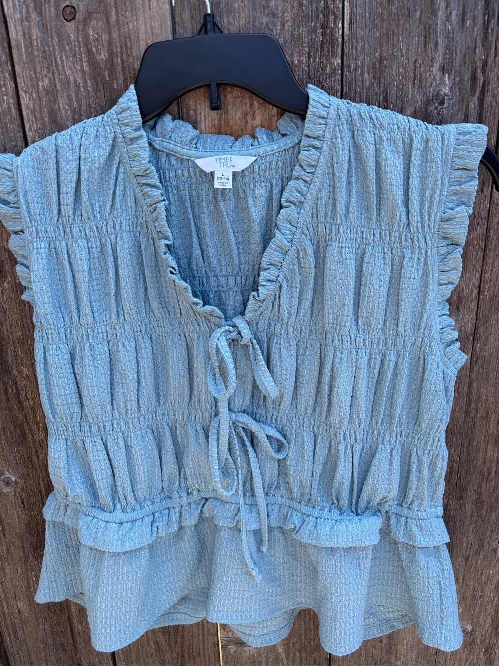 Time and Tru Light Blue Ruffle Tie-Front Sleeveless Tunic